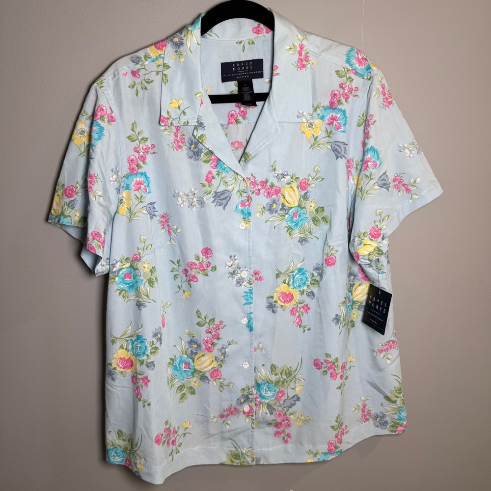 Crazy Horse Liz Claiborne Floral Short Sleeve Button Up Blouse Blue NWT Size 2